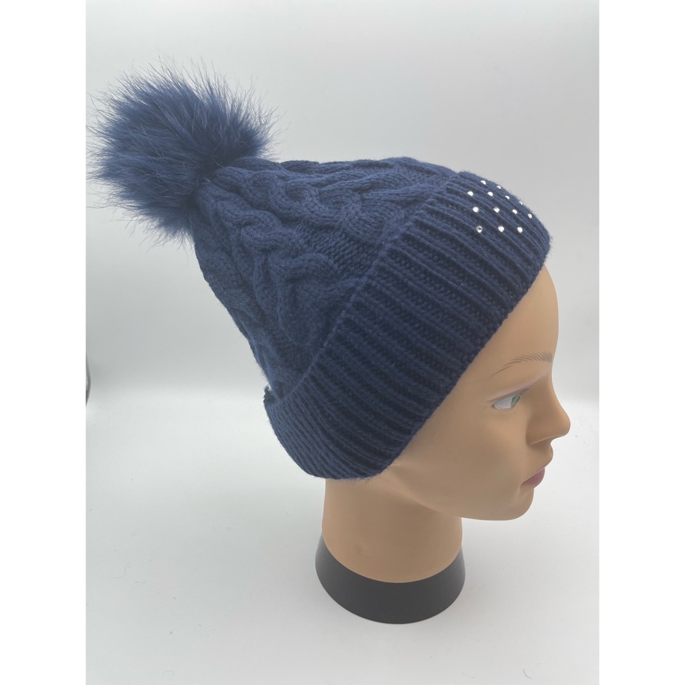 Swarovski Crystals Cable Knit Beanie Cap Pom Pom Navy Blue OS